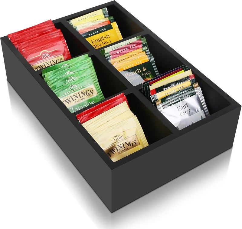 HymoConn Tea Bag Box Wood Black 6 Compartments Tea Bag Organizer Drawer Storage, Large Capacity Sugar Packet Holder for Coffee Station,Sweeteners, Condiment Organizer - Image 1